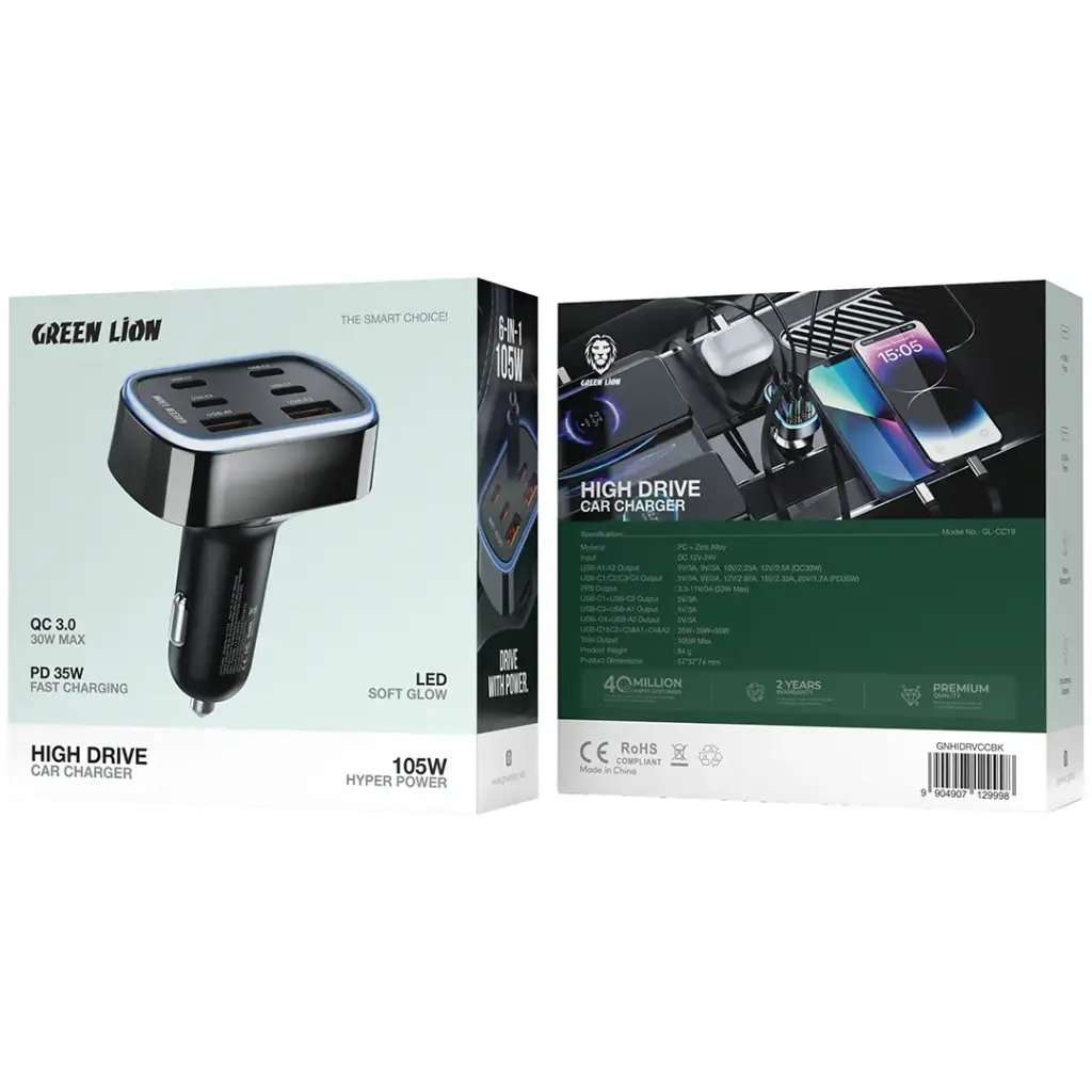 Green Lion High Drive 105W Car Charger PD 35W - Linkphones Center